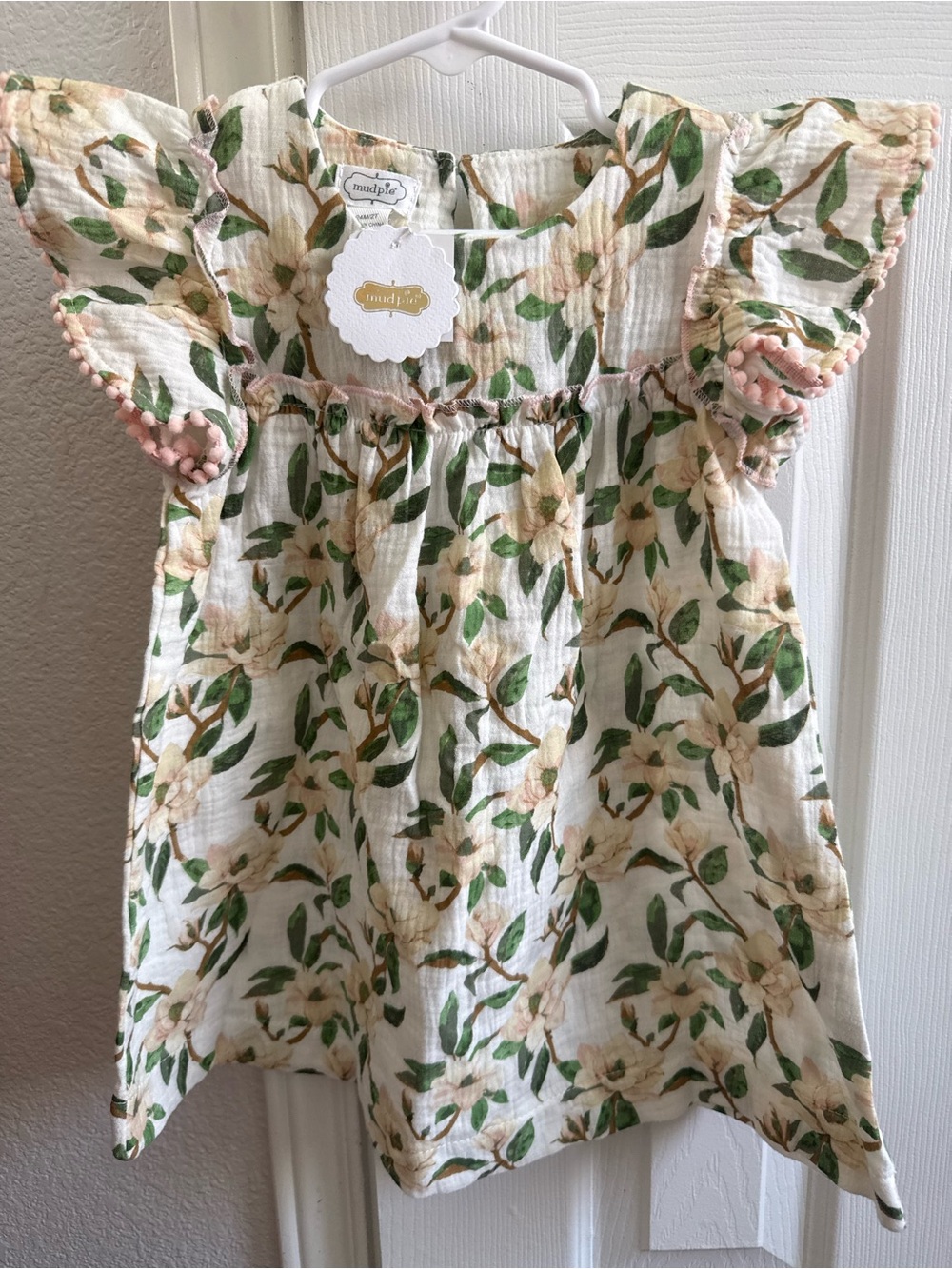 Mud Pie Cream Magnolia Floral Cotton Dress with Green Leaves and Pink Trim